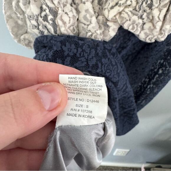 Gracia Navy Blue & Gray Lace Mini Dress Size Small w/ Satin & Beaded Flowers - Picture 7 of 7